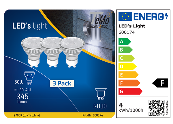 3 STÜCK (VPE) SHADA LED Spot GU10 360lm 4W, Warmweiss 2700K, MR16 klar, EEC: F (600174)